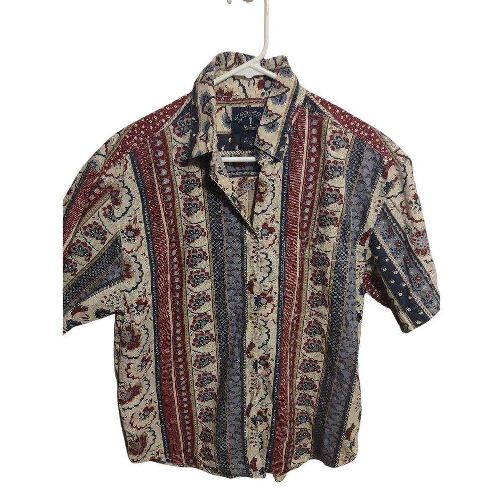 1990s VTG Solutions! Striped Patterned Short Sleeve Button Up Shirt M Boho Funky
